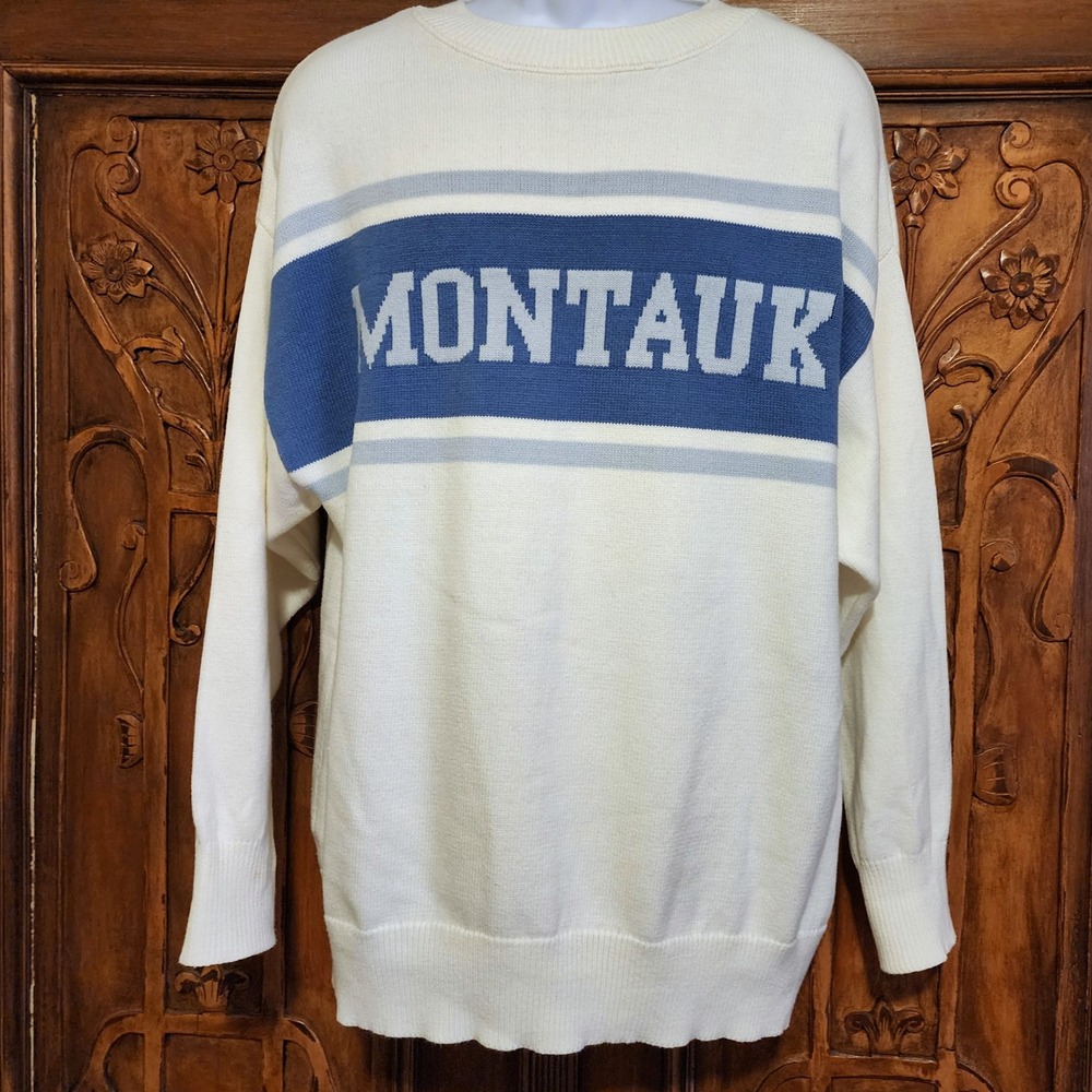 Moonrise Montauk Summer Sweater Off White & Blue Pullover Womens Size Medium